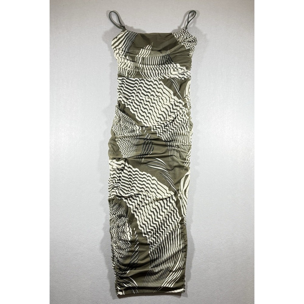 Y2K Express Body Contour Tropical Mesh Feminine Ruched Side Slit MIDI Dress Sz M